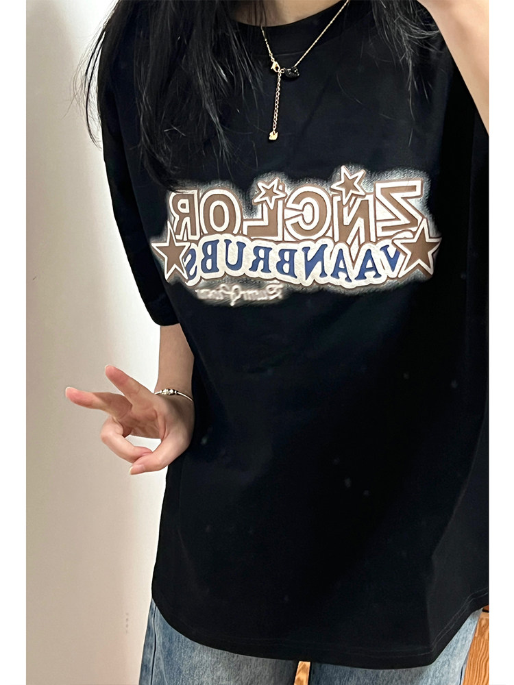 AMERICAN RETRO FASHION BRAND STAR PRINT SHORT-SLEEVED T-SHIRT SUMMER LOOSE AND VERSATILE MALE AND FEMALE COUPLES MID-LENGTH TOPS INS
