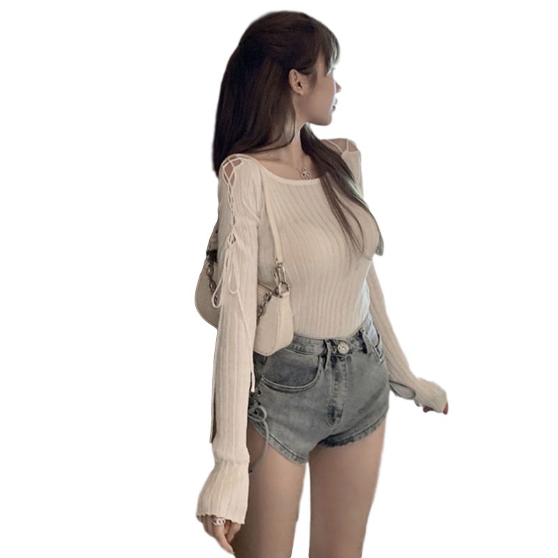 BEWARE OF THE MACHINE NET RED CUT-OUT STRAPPY KNITWEAR 2024 AUTUMN NEW OFF-THE-SHOULDER LONG-SLEEVED SLIM TEMPERAMENT FASHION TOP