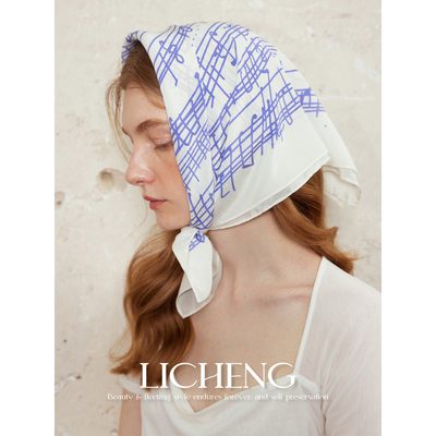 原创设计蓝白音符印花真丝丝巾女