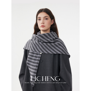 礼诚 百搭慵懒100%澳洲羊毛条纹三角巾披肩女2025秋冬时髦感围巾