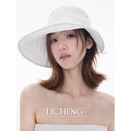 礼诚亚麻宽檐渔夫帽女夏季遮阳帽