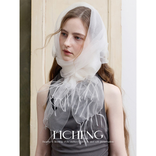 礼诚 雾霭晨雾100%真丝欧根纱围巾手工流苏桑蚕丝丝巾女旅游纱巾