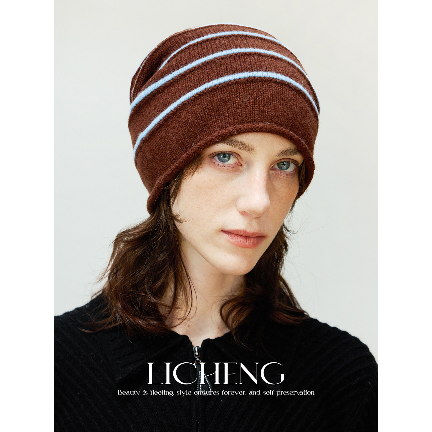 中古感棕蓝条纹100%羊毛帽冷帽