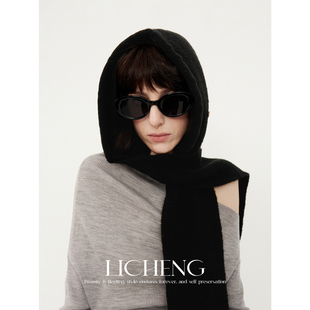 礼诚 原创小众100%羊毛连帽围巾女秋冬一体针织围脖两用帽披肩