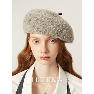 礼诚 圈圈纱羊羔毛贝雷帽子女秋冬保暖高级感复古纯色百搭画家帽