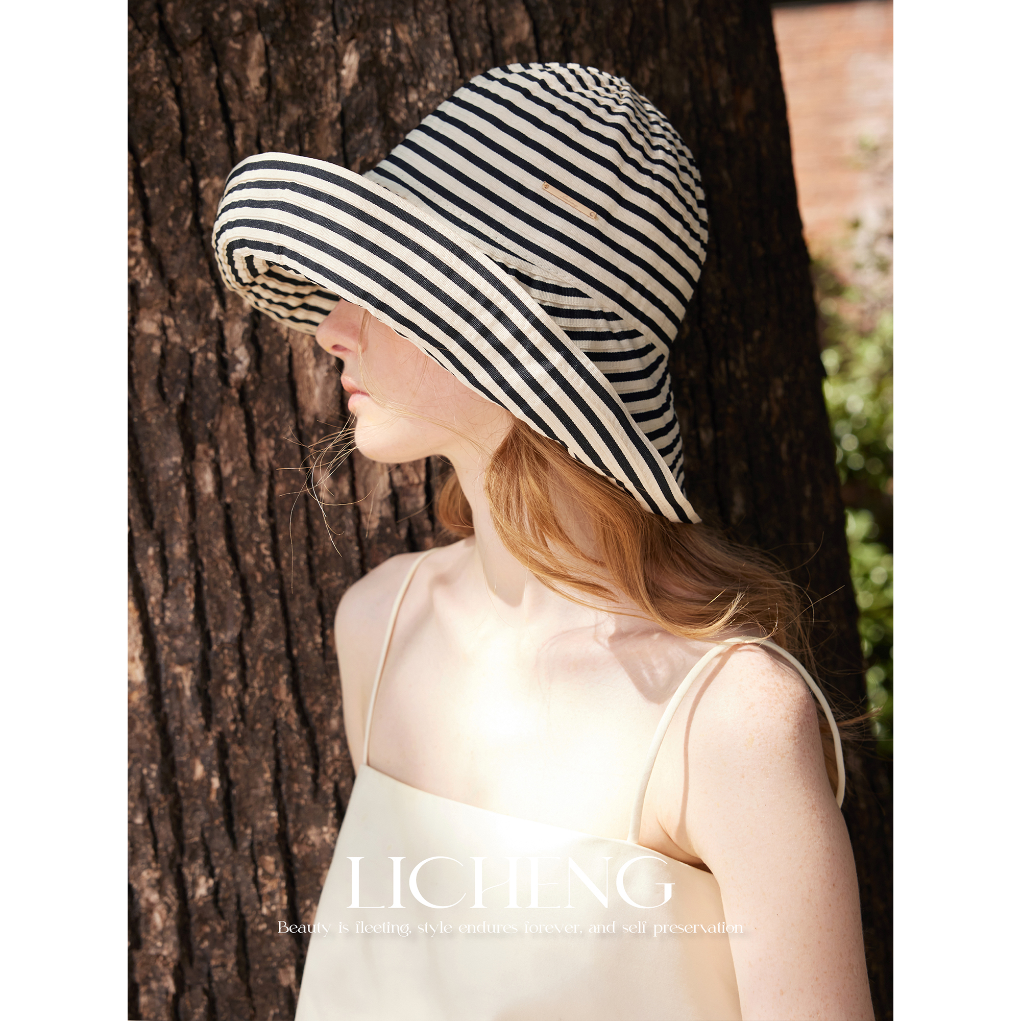可折叠加大帽檐防晒条纹渔夫帽子