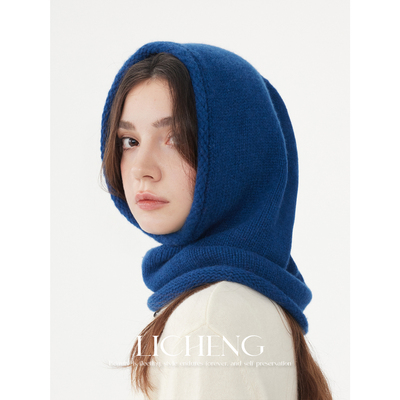 保暖护耳100%羊毛针织帽围脖一体