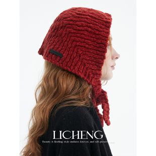 礼诚 游牧感手工编织70羊毛系带护耳帽秋冬保暖毛线包头帽针织帽