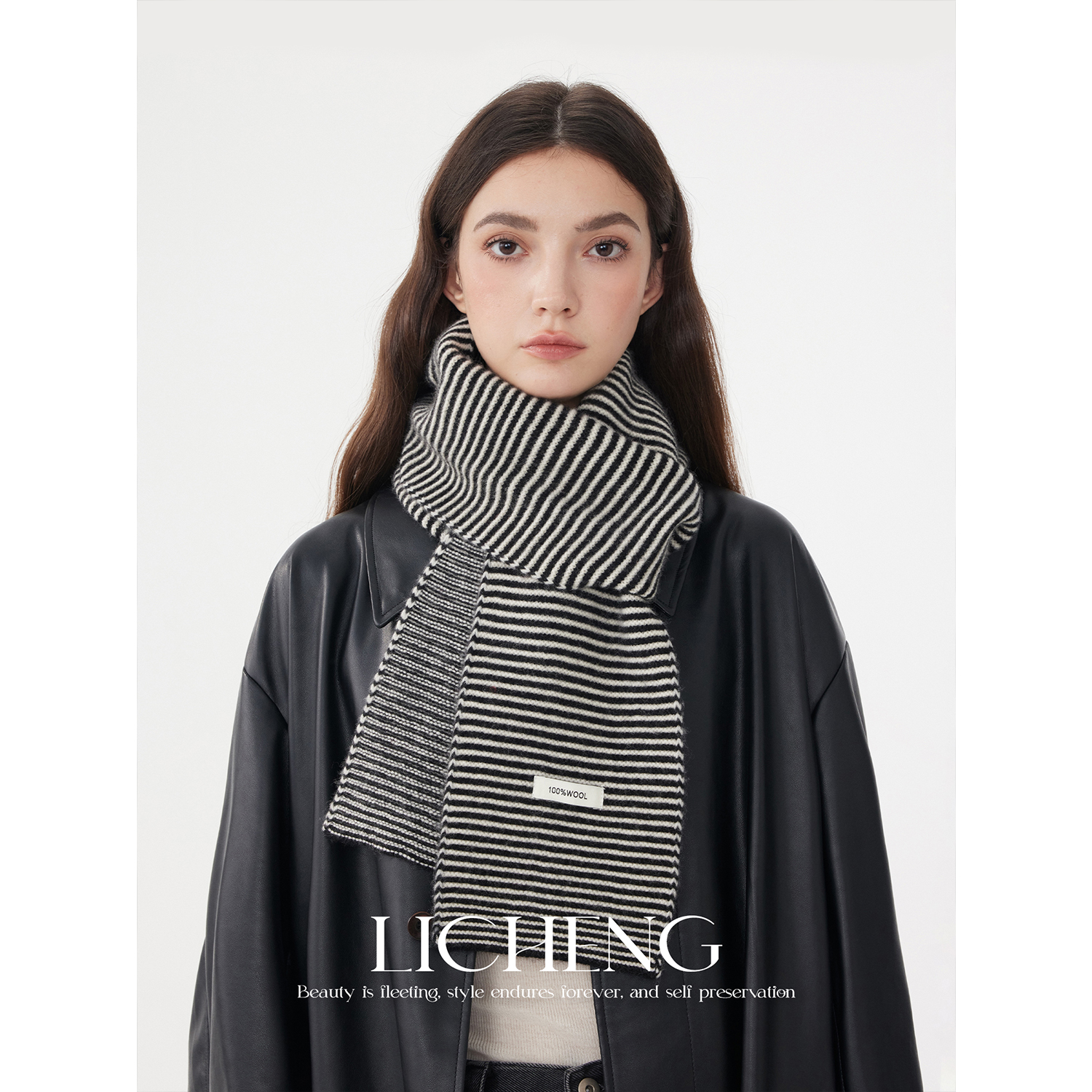 经典黑白配色100%羊毛针织小围巾