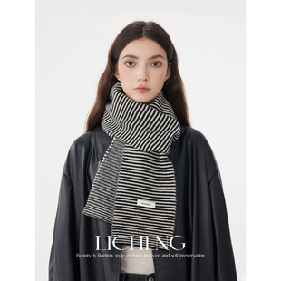礼诚 黑白配色100%绵羊毛针织小围巾女秋冬百搭保暖条纹围脖 经典