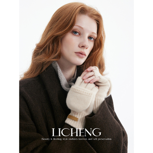 礼诚 康赛妮100%羊绒针织手套女翻盖两戴半指保暖软糯可触屏送礼