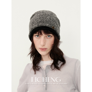 礼诚 慵懒软糯100%羊毛针织帽子双卷边设计冰岛灰花纱包头冷帽