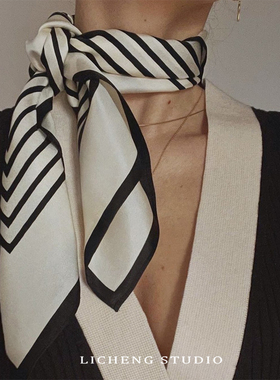 简色线条 杨采钰同款条纹真丝方巾防晒配饰夏季桑蚕丝小丝巾发带