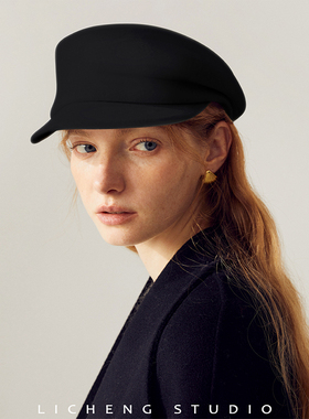 礼诚法式黑白纯羊毛报童帽女秋冬不对称贝雷帽保暖羊毡帽子鸭舌帽