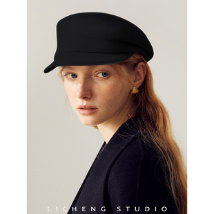 礼诚法式 黑白纯羊毛报童帽女秋冬不对称贝雷帽保暖羊毡帽子鸭舌帽