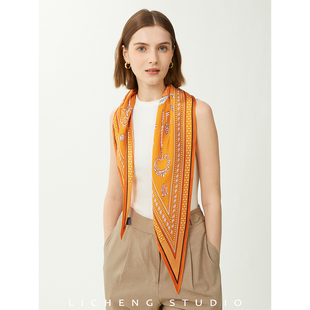 礼诚 真丝印花斜纹菱形三角巾100%桑蚕丝巾春秋气质长款飘带围巾