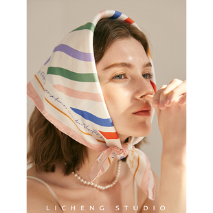 礼诚原创 真丝桑蚕丝方巾春夏复古清新防晒头巾送礼丝巾 彩虹艺术