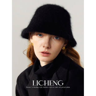 礼诚 安哥拉兔毛羊毛混纺渔夫帽女秋冬保暖宽檐显脸小水桶毛绒帽