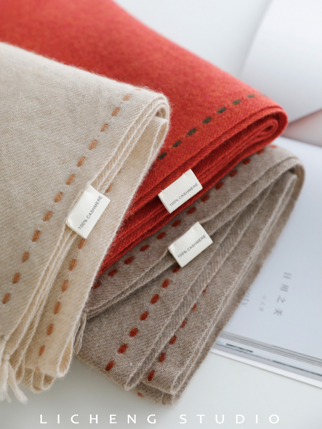 礼诚 天然好绒感 法式素色编织纯山羊绒围巾经典百搭手工流苏披肩