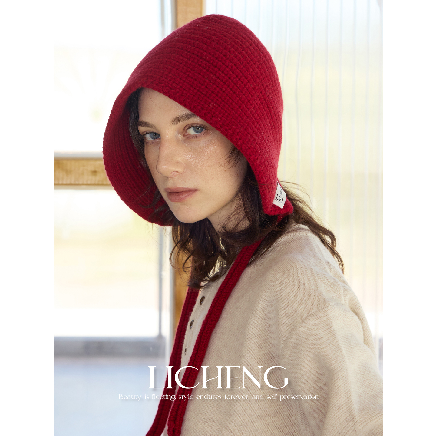 100%美利奴羊毛系带针织护耳帽子