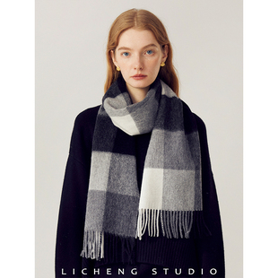 礼诚 优选100%wool格子羊毛围巾女冬季自带老钱氛围保暖围脖送礼