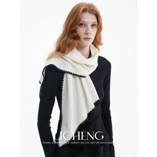 温润白小香风编织100%山羊绒围巾