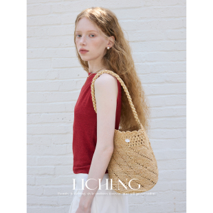 礼诚 新款法式镂空小菜篮拉菲草编包海岛沙滩度假单肩包小水桶包
