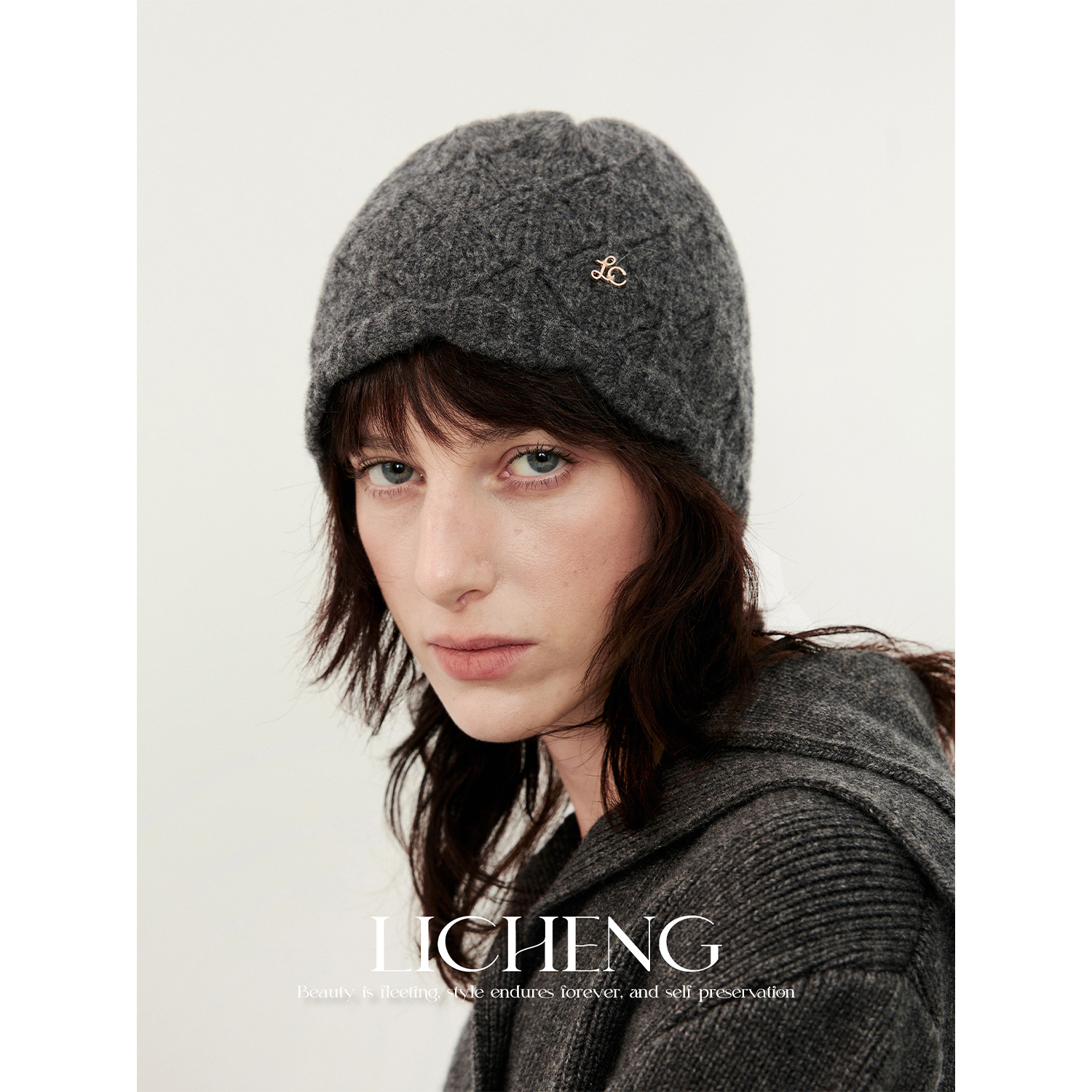 礼诚复古经典菱格纯羊毛针织帽