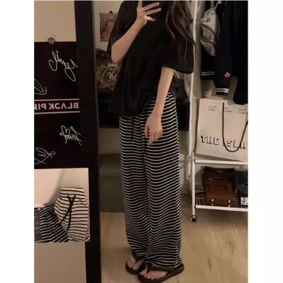 维多利亚纯棉睡衣女款夏季韩版短袖条纹长裤大码套装家居服可外穿