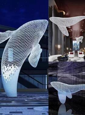 镂空海豚鲸鱼网格编织雕塑酒店展厅海洋动物不锈钢悬吊装饰品