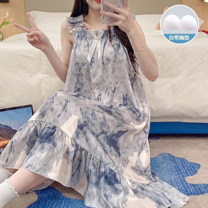 冰丝睡裙女款夏季薄款带胸垫甜美花朵丝绸凉感裙子夏款睡衣家居服