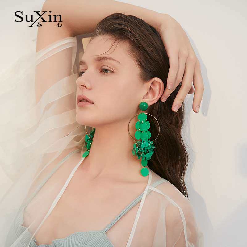 苏心长款圆片流苏耳环清新牛油果色网红耳饰显脸瘦圆圈少女感耳坠