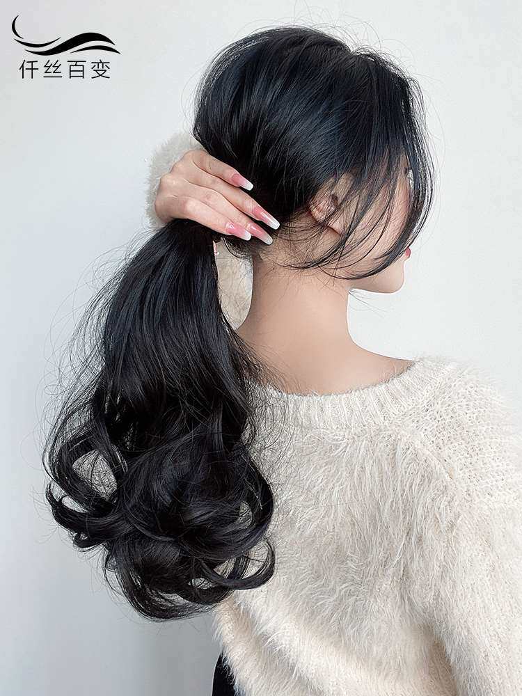 半扎发短马尾假发女 绑带式梨花自然卷发片 大波浪低发尾辫子