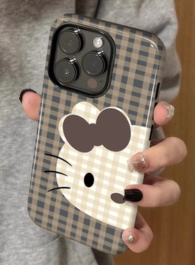 复古格子kitty 适用苹果17promax新款iPhone16手机壳女生1314高级感小众不撞款15防摔二合一菲林12保护套plus