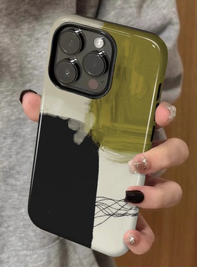橄榄绿拼色 适用苹果16promax新款iPhone15手机壳女生13简约14高级感小众不撞款12防摔二合一菲林保护套plus