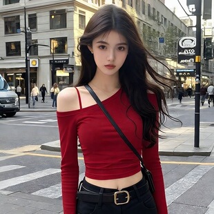 春装秋季长袖T恤女上衣露肩斜领修身短款性感露脐百搭辣妹打底衫