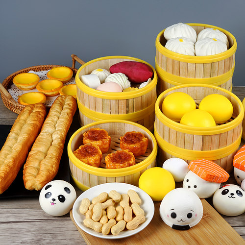 仿真馒头点心面包子模型广式早餐茶小笼包摆件干蒸笼屉幼儿园玩具