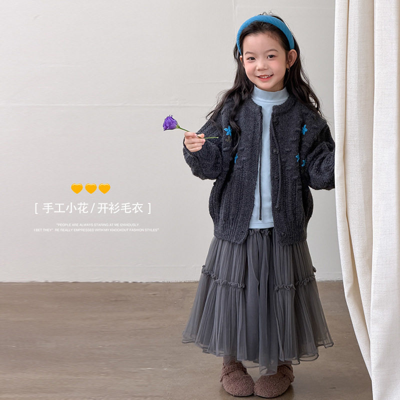 女童针织开衫立体花朵毛衣外套