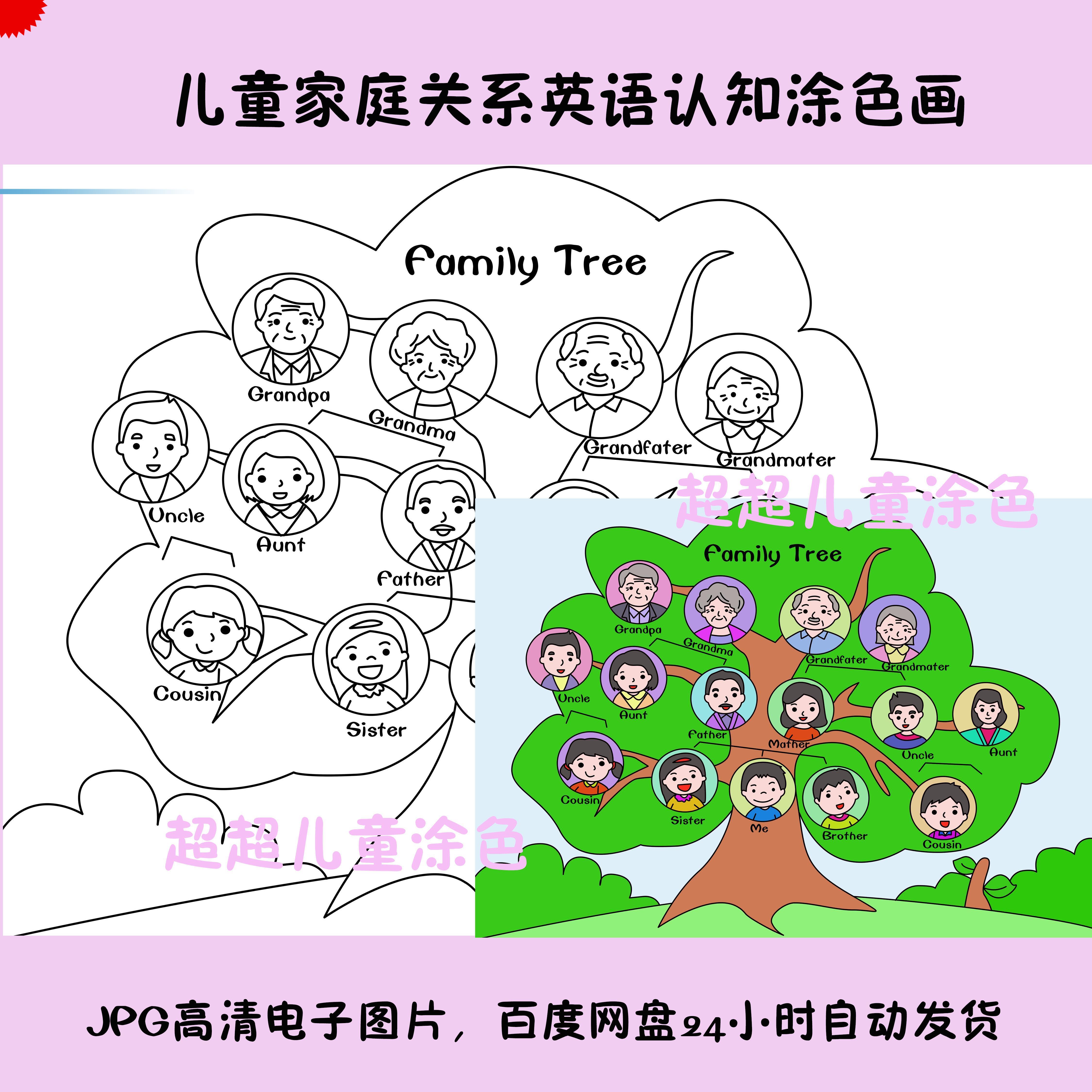 儿童涂色画画家庭树 家庭关系谱填色family tree 英语 黑白线描画图片