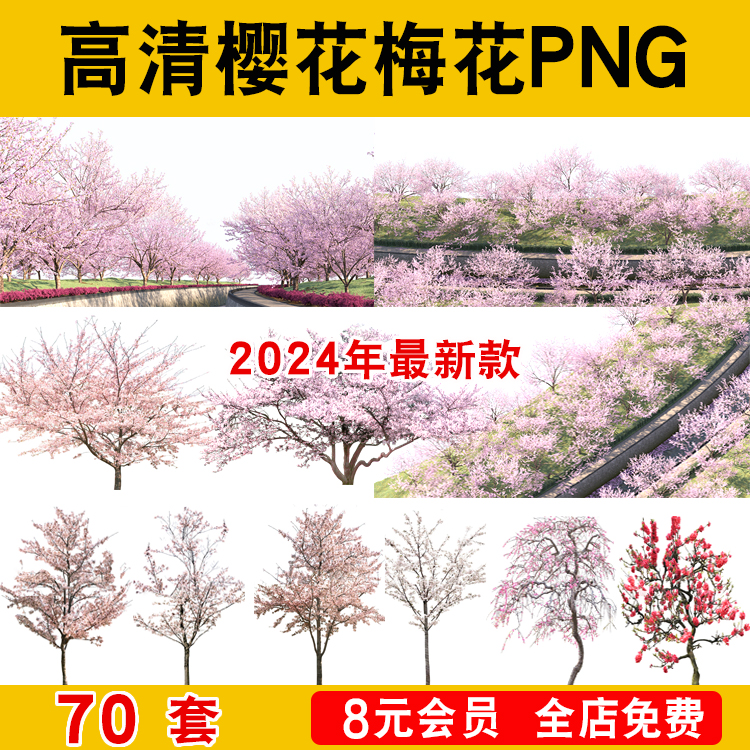 高清樱花梅花PNG免扣素材PSD效果图后期樱花飘落组合街道景观园林