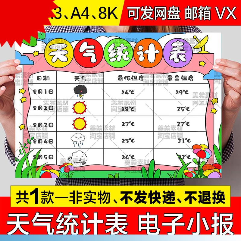 天气统计表儿童画手抄报模板天气变化预报日历记录表电子小报线稿