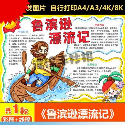 鲁滨逊漂流记手抄报模板小学生课外读书阅读好书推荐读后感想小报