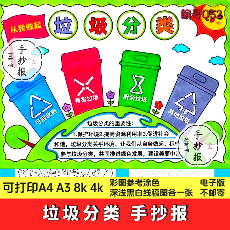 垃圾分类手抄报模板学生校园儿童分类从我做起电子版涂色黑白线稿