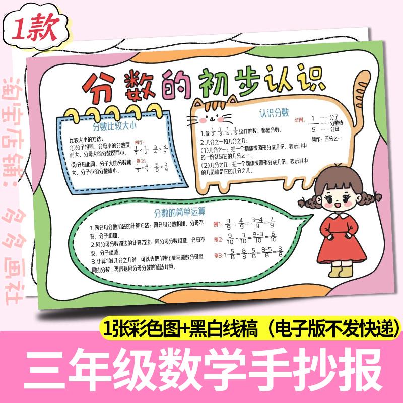 三年级数学手抄报人教版分数的初步认识思维导图小报电子模板线稿