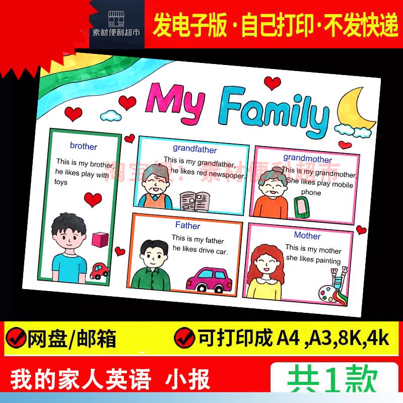 英语手抄报模板my family我的家庭成员介绍三年级通用模板线稿A4