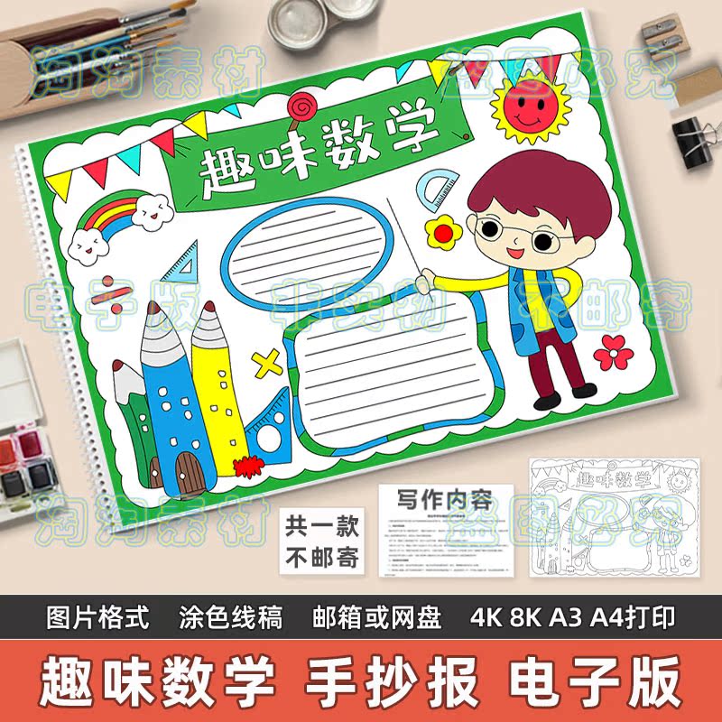 卡通简约趣味数学手抄报电子版小学生一二三四五年级数学知识模板