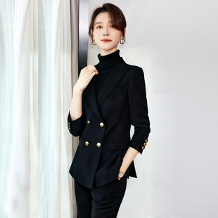 黑色显瘦显高西装两件套微喇裤2025春款时尚主持讲师通勤西服套装