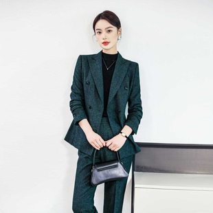 毛呢西服正装 羊毛西装 绿色高级感职业套装 加厚2025新款 外套女冬季