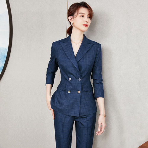 高端职业装西装套装男女同款2025春秋高级感定制藏青色格子西服