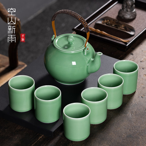 龙泉青瓷提梁壶大容量功夫茶具套装家用客厅陶瓷凉茶壶喝茶杯子